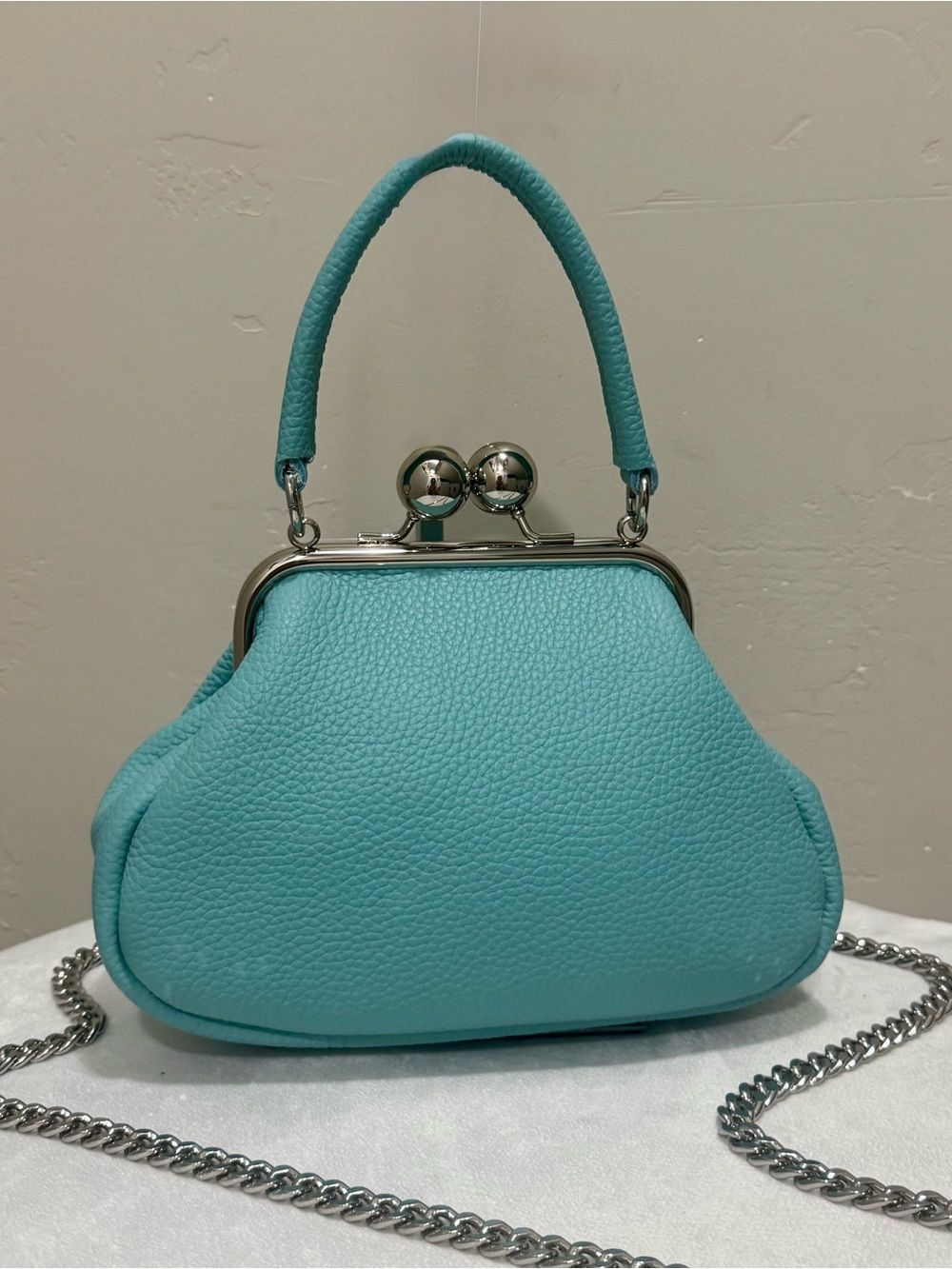 Turquoise Cowhide Calfskin Handmade Kisslock Frame Bag, Crossbody